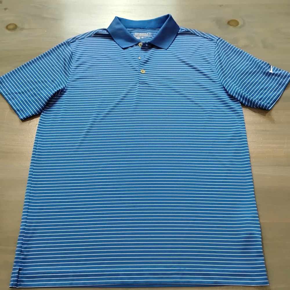 Nike Golf Tour Performance Polo Mens M Blue White Stripes Dri-Fit White Swoosh